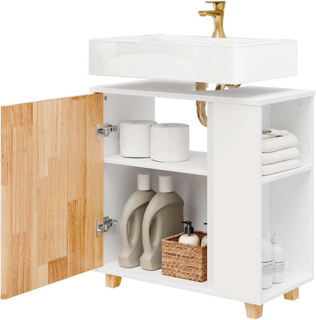 Mobile Bagno - Mobiletto Bagno Salvaspazio con Cesto Portabiancheria Pieghevole, Mobile Alto e Stretto in Legno Resistente all’Umidità, Bianco, 31x170x32 cm, BZR74-W