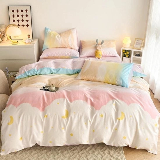 Coperta da letto per bambini 135 x 200 cm cotone rosa stella luna nuvola disegno colorato 1 cuscino coprente 80 x 80 cm