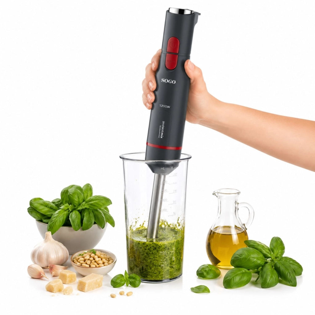 Frullatore a immersione 1200W, 6 lame in acciaio inox rivestite titanio e 21 velocità, con bicchiere 800 ml - Sogo