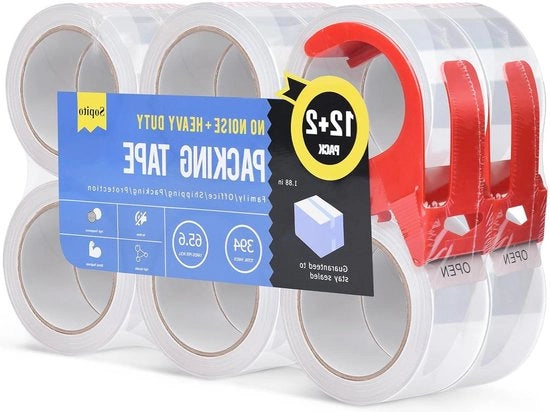 Pacchetto di 12 adesivi trasparenti per pacchi con basso livello di rumore, 48 mm x 60 m, inclusi dispenser