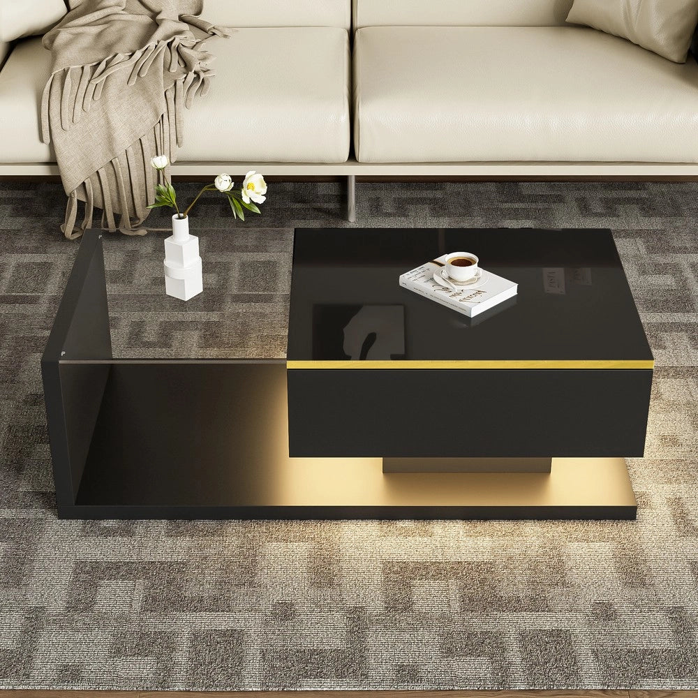 Tavolino da Caff¨¨ con LED e Vetro ¨C MINIMAL ¨C Nero Lucido, 100 cm