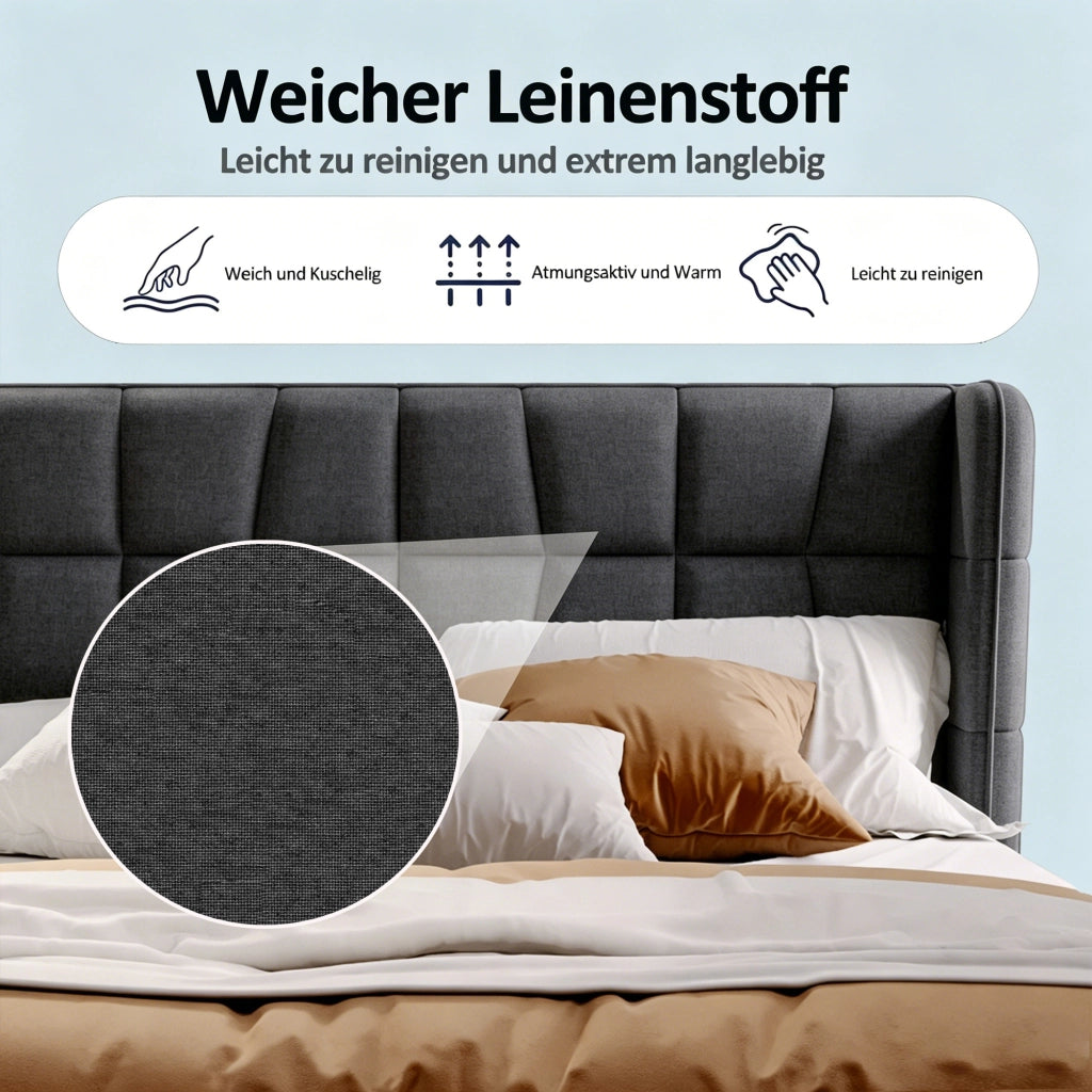 Letto contenitore 180 × 200 cm con sollevamento, senza materasso, per adulti, in tessuto e metallo, grigio