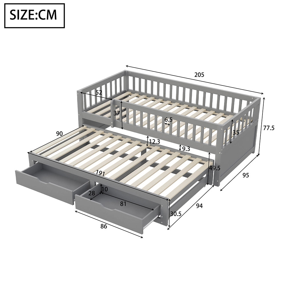 Divano letto-Xylo-90x200 cm-barriera, 2 cassetti, pino grigio