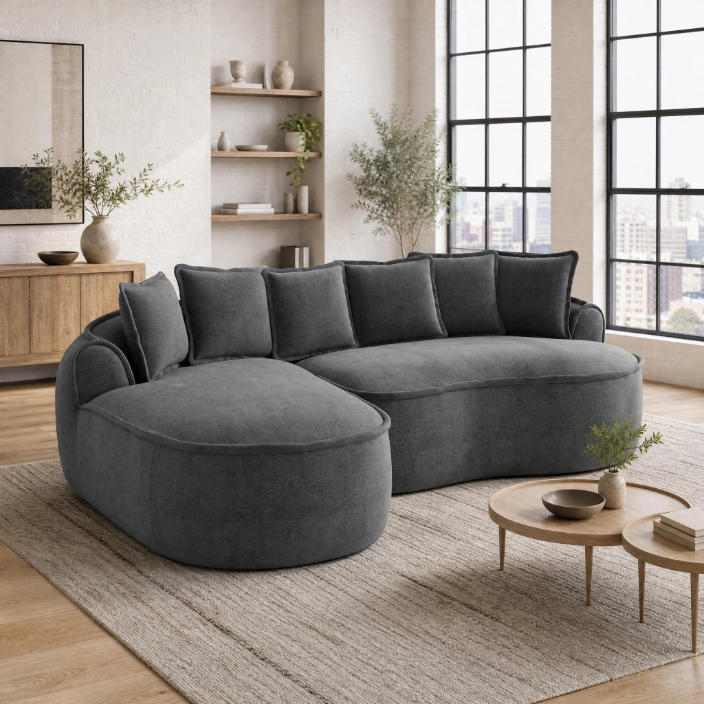 Divano modulare senza struttura in ciniglia grigia con chaise longue; 252x164x67 cm
