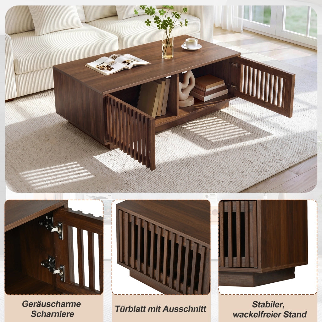 Tavolino basso con 2 ante a griglia e 2 vani contenitore, per soggiorno, in MDF e truciolare, noce, 100 × 50 × 35 cm