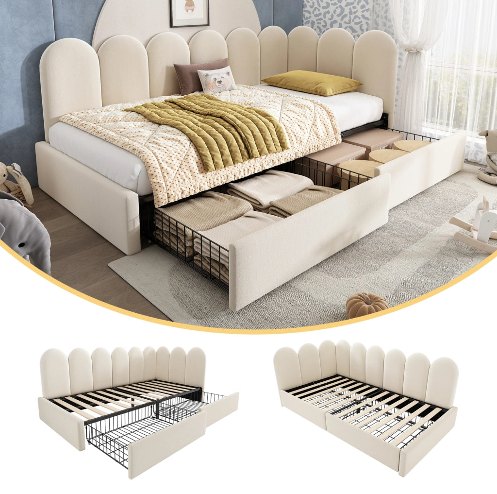 Letto imbottito beige in velluto con 2 cassetti e spazio contenitore 90x190 cm