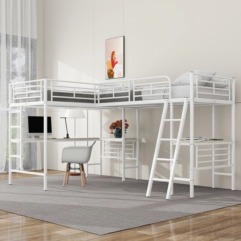 Letto a castello 90x200 cm - Xylo - Bianco con tavolo e scala