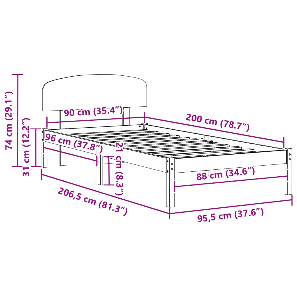Struttura Letto con Testiera 90x200 cm in Legno Massello di Pino
