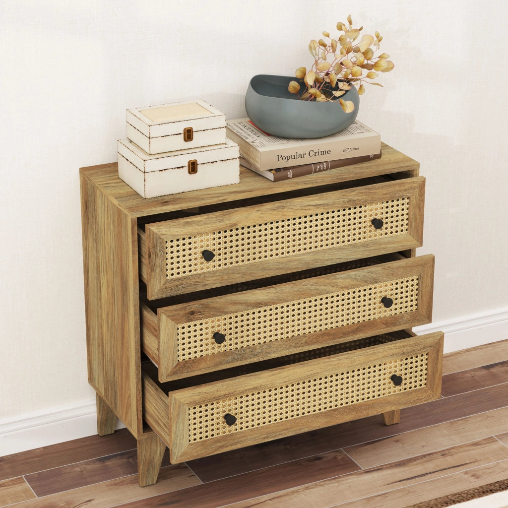 Cassettiera 3 cassetti in legno chiaro con inserto in rotin naturale ¨C Xylo ¨C 80x35x76 cm