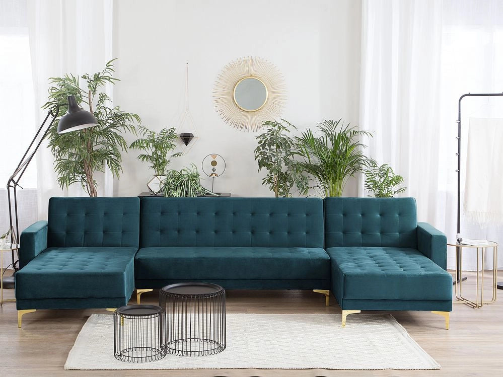 Divano letto ad angolo in tessuto trapuntato in velluto verde acqua moderno a forma di U componibile a 5 posti con chaise longue