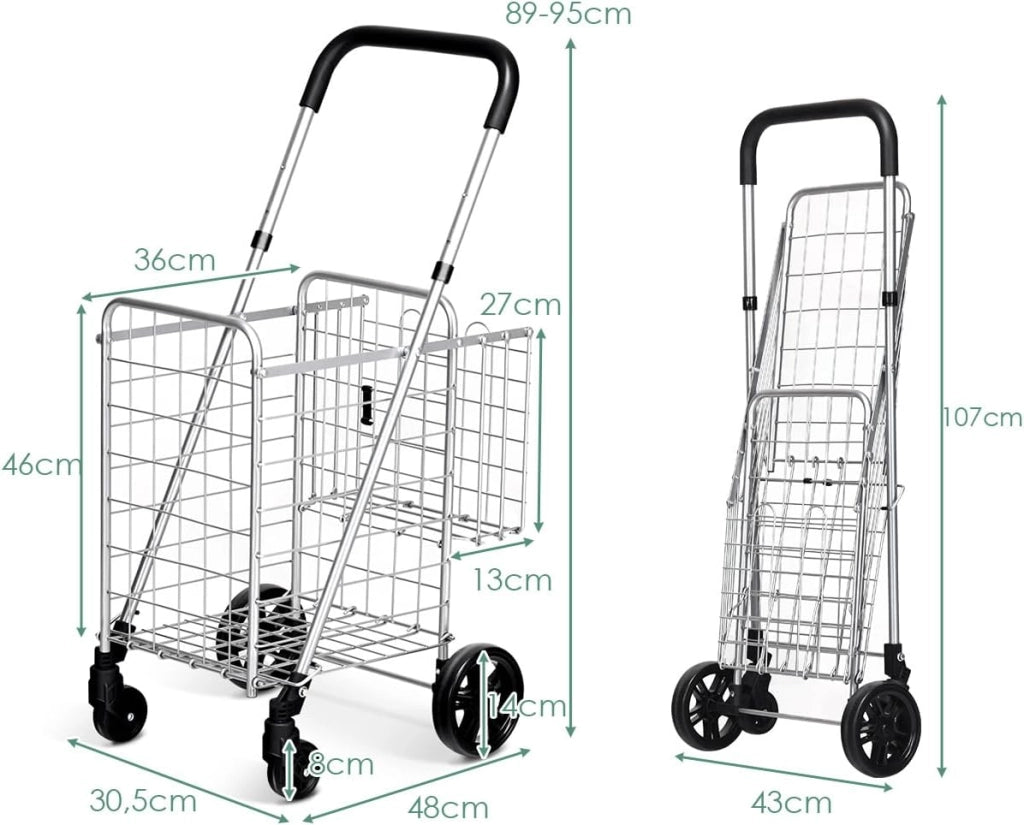 Carrello Portaspesa Pieghevole, Carrello Spesa con Ruote Girevoli a 360 °, Manico Regolabile, 2 Cesti, Capacità di Carico: 20 kg, 58L, 43 x 52 x 89-95 cm (Argento)