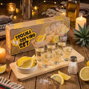 Set di servizio per tequila 9 pezzi - Piatto di legno per tequila - 6 bicchieri - Contenitore per sale - Piatto di ceramica - Supporto per bicchieri - Set di servizio per tequila
