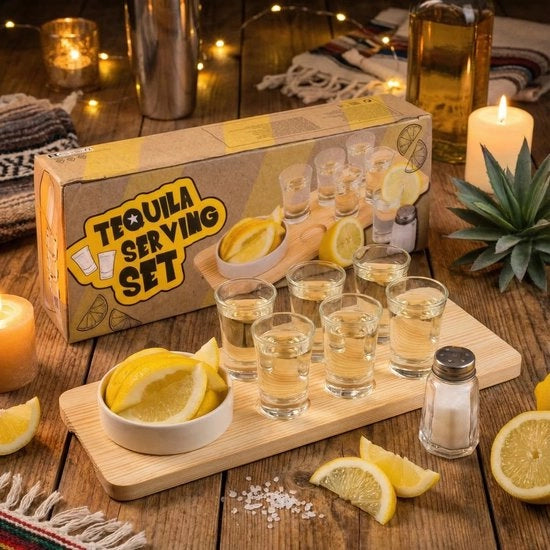 Set di servizio per tequila 9 pezzi - Piatto di legno per tequila - 6 bicchieri - Contenitore per sale - Piatto di ceramica - Supporto per bicchieri - Set di servizio per tequila