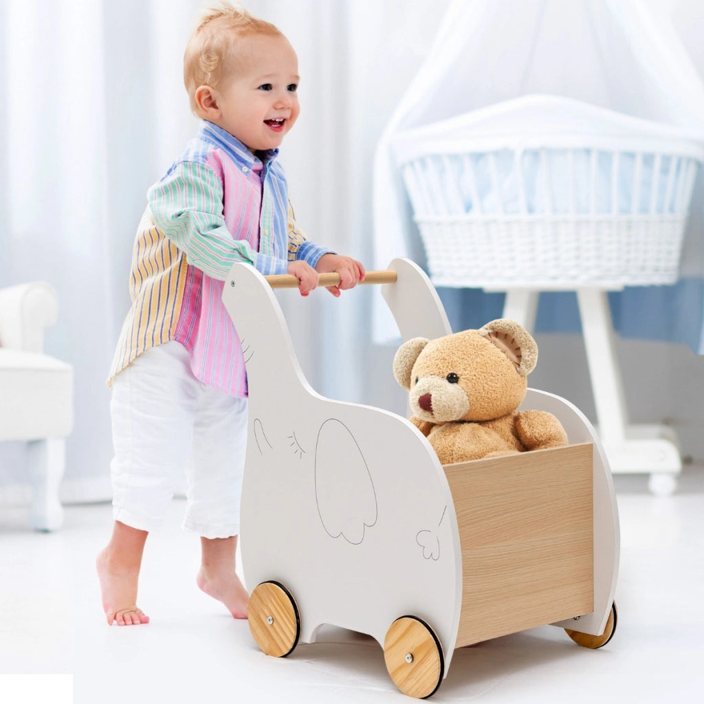 Carrello portagiochi in legno con ruote in gomma, Primi Passi regalo ideale per bambini bambine 1-3 anni Bianco-Primi passi
