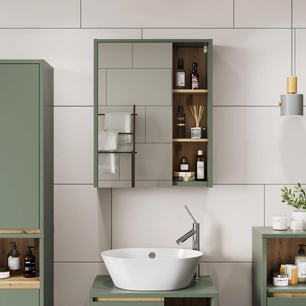 Mobile a specchio per bagno Viola, Verde/Artigianale, 60 x 75 cm con ripiani aperti, adatto al montaggio a parete per l'uso in bagno