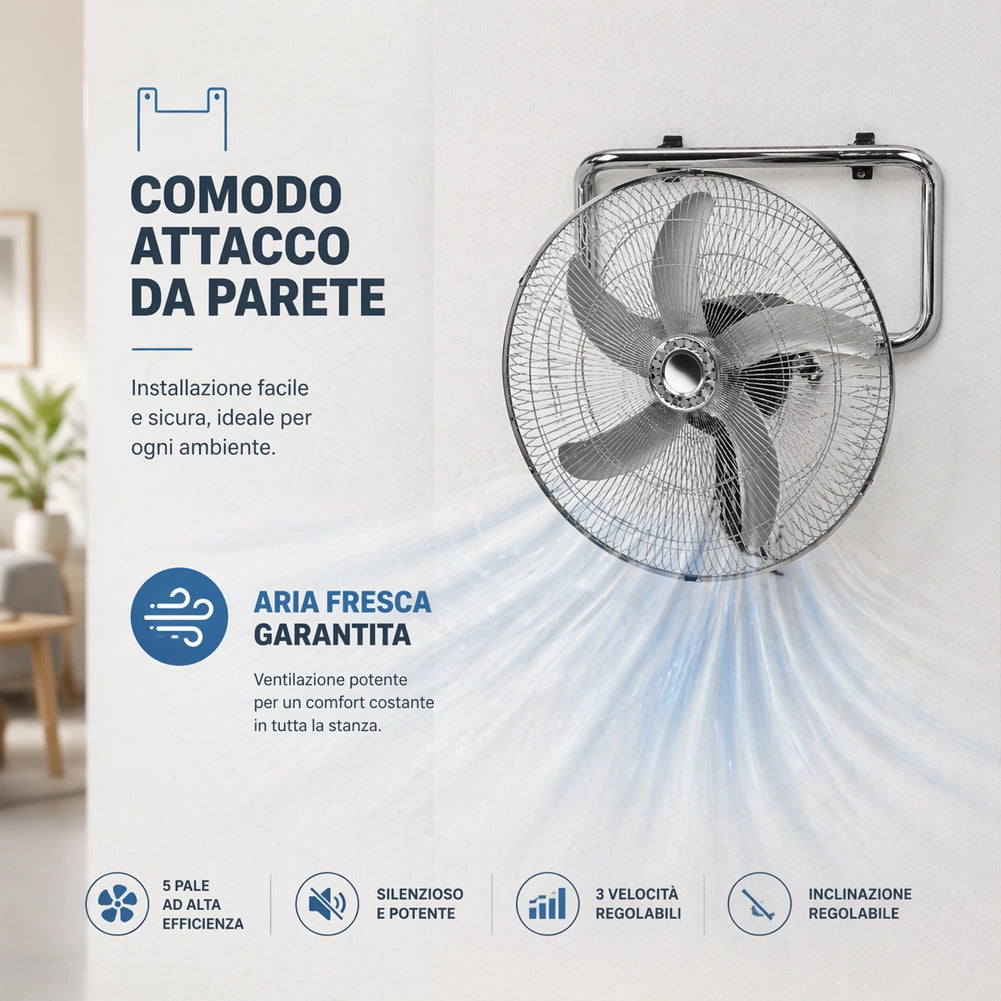 Ventilatore 3in1 Piantana Da tavolo Parete 3 Velocita Oscillazione 50W Pale 50cm