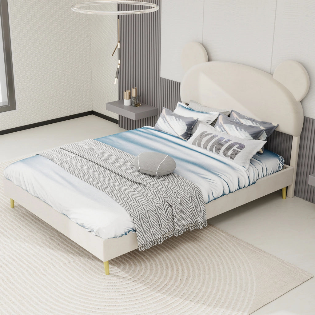 Letto per Bambini Singolo 140x200 cm; con Testiera Imbottita in Tessuto e Metallo; Beige