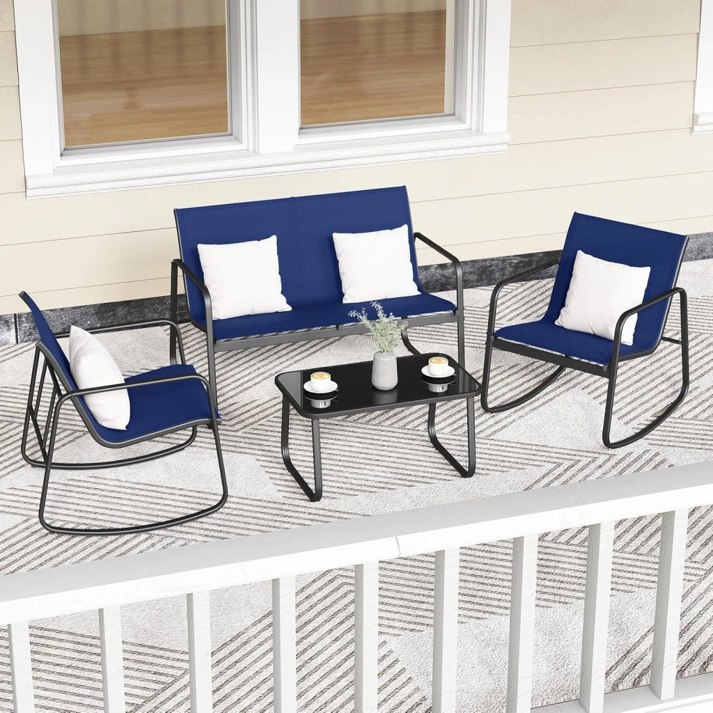 Set da Bistrò in Tessuto Textilene, Set da Giardino in 4 Pezzi, Tavolo Portato 50 kg, 2 Sedie a Dondolo Portate 150 kg, e Divanetto Portato 300 kg, Set Tavolo e Sedie da Esterno (Blu)