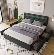 Letto imbottito 140x200 cm grigio con LED, 4 cassetti e materasso H3
