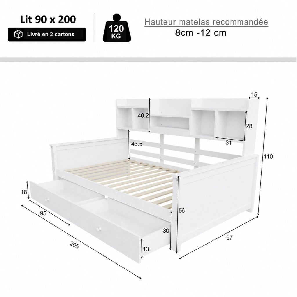 Divano letto singolo con 2 cassetti e vani portaoggetti in legno bianco per bambini e ragazzi 90 × 200 cm