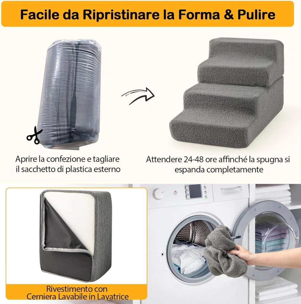 Scalette in Schiuma a 4 Gradini, Rampa per Cani Pieghevole con Fondo Antiscivolo e Copertura Rimovibile e Lavabile per Letto Alto Divano, Scala per Cani e Gatti, 60 x 40 x 40 cm