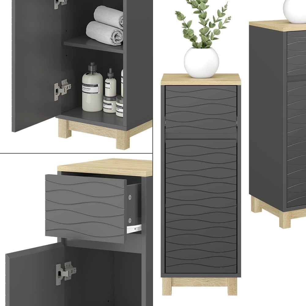 Mobile midi Livia, Antracite, 30 x 80 cm con cassetto, per riporre sopra il WC con area scaffale aperta