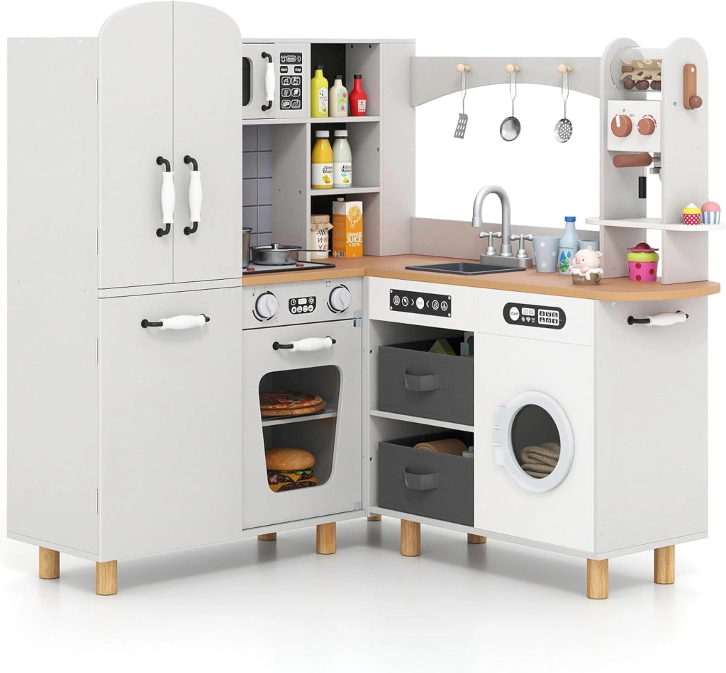 Cucina Giocattolo per Bambini, Cucina da Gioco ad Angolo con Fornelli, Frigorifero, Macchina da Caffè, Microonde, Lavatrice e Accessori, con Suoni e Luci per Bambini 3+ Anni (Bianco)