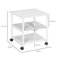 Carrello Porta Stampante a 3 Ripiani con 4 Ruote 50x50x52,5 cm Legno e Acciaio Bianco