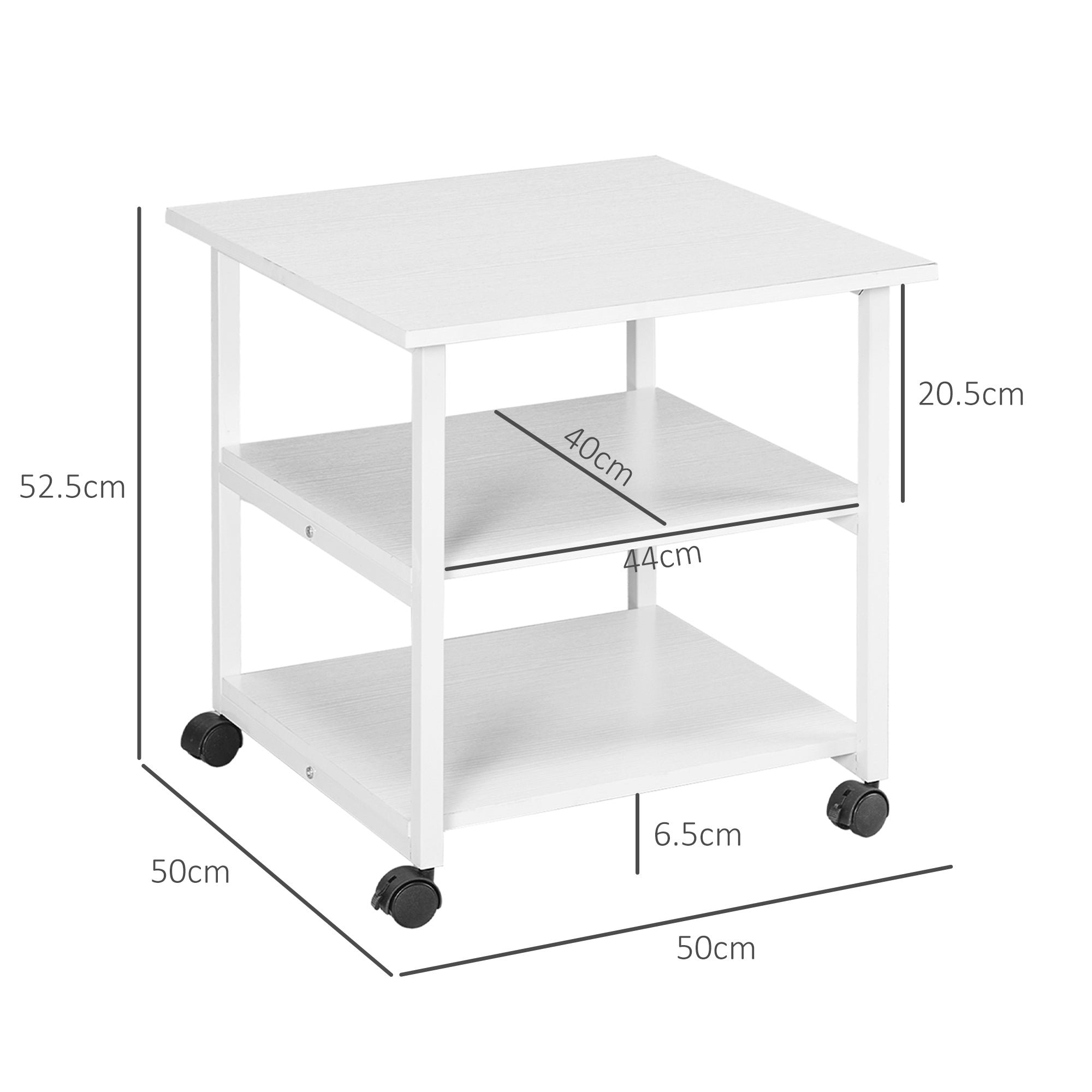 Carrello Porta Stampante a 3 Ripiani con 4 Ruote 50x50x52,5 cm Legno e Acciaio Bianco