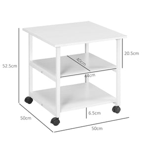 Carrello Porta Stampante a 3 Ripiani con 4 Ruote 50x50x52,5 cm Legno e Acciaio Bianco