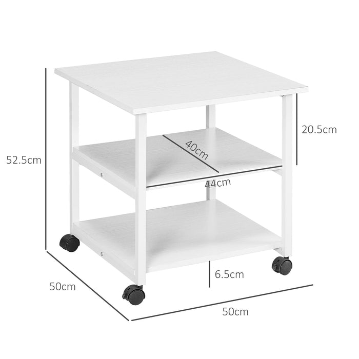 Carrello Porta Stampante a 3 Ripiani con 4 Ruote 50x50x52,5 cm Legno e Acciaio Bianco