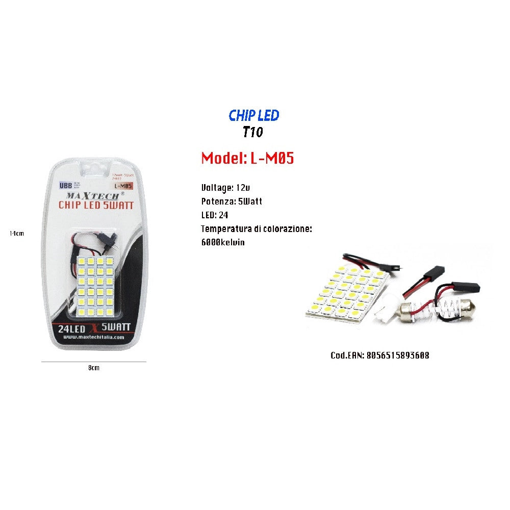Trade Shop - Chip Led 24 Led Per Interni Auto Luce Fredda 6000k 5 Watt 12 V T10 Maxtech L-m05 -