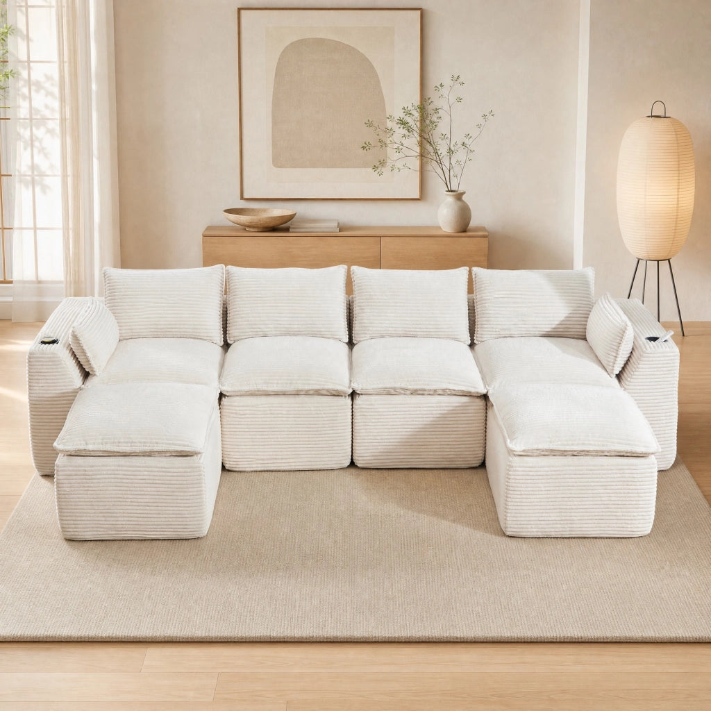 Divano modulare combinabile in corduroy beige con tasche laterali e cuscini