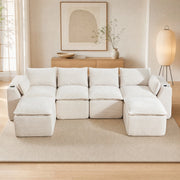Divano modulare combinabile in corduroy beige con tasche laterali e cuscini