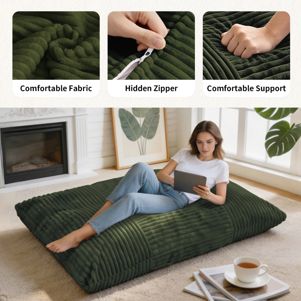 Pouf trasformabile con seduta, divano e letto in velluto a coste morbido, imbottitura in memory foam, verde