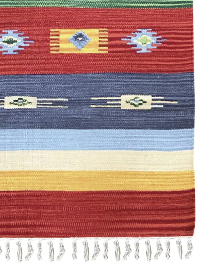 Tappeto KELIM 03 disegni etnici orientali colori vivaci cm.90x150 tessuto e frangia 100% cotone, lavabile in lavatrice