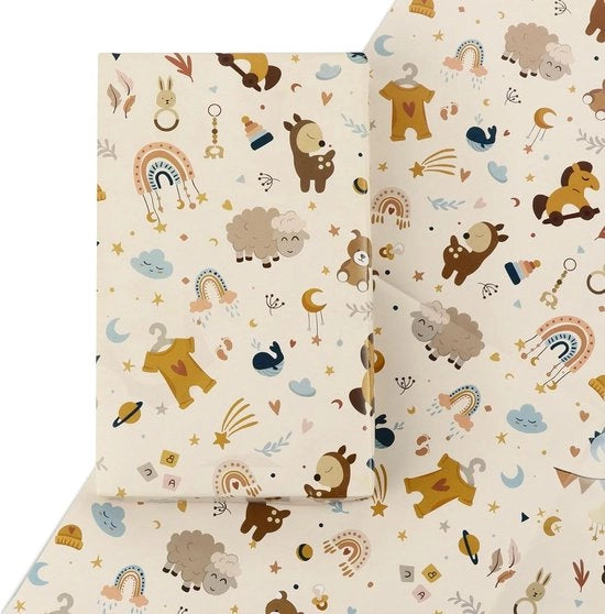 4 Fogli 70x50cm Papiro di Avvolgimento Nuovo per Bambino Ragazza Ragazzo | Stampato Animali | Perfetto per il Battesimo del Bambino, Festa di Benvenuto per il Bambino e Decorazioni di Festa di Nascita