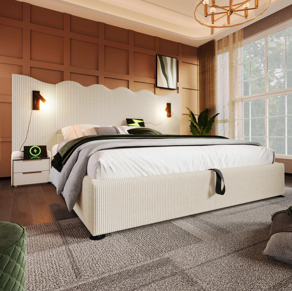 Letto matrimoniale 180x200 cm con testiera ondulata in tessuto corduroy beige; lampada integrata e contenitore