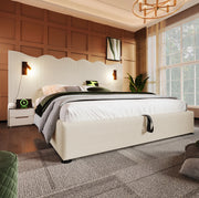 Letto matrimoniale 180x200 cm con testiera ondulata in tessuto corduroy beige; lampada integrata e contenitore