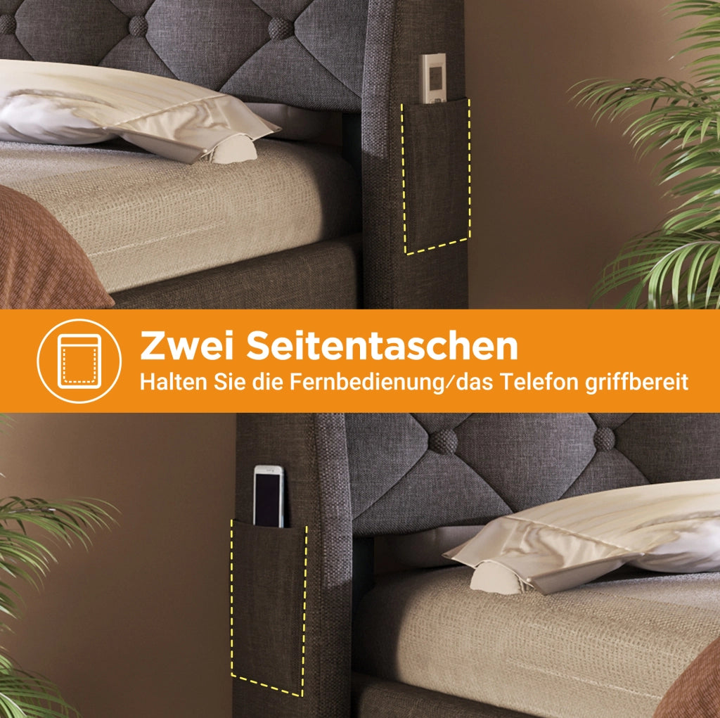 Letto contenitore imbottito 140x200 cm con LED; USB/Type-C e materasso; grigio