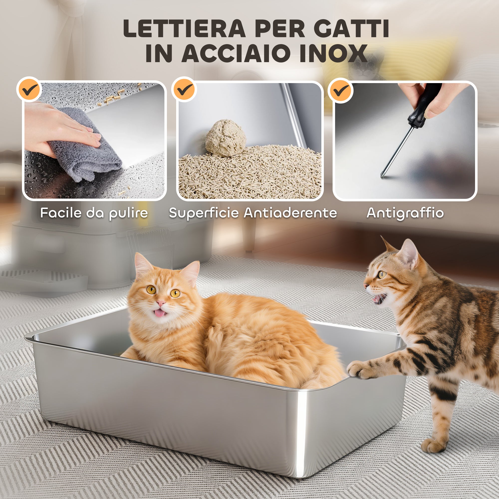 Lettiera per Gatti Chiusa 63x43x43 cm Capacità da 80L con Vassoio Estraibile in ABS e Acciaio Inox Grigio Chiaro