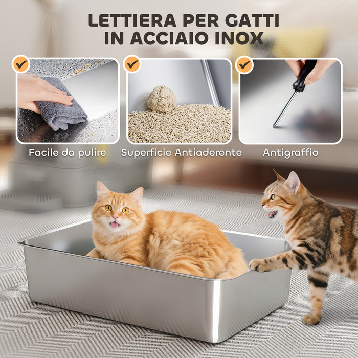 Lettiera per Gatti Chiusa 63x43x43 cm Capacità da 80L con Vassoio Estraibile in ABS e Acciaio Inox Grigio Chiaro