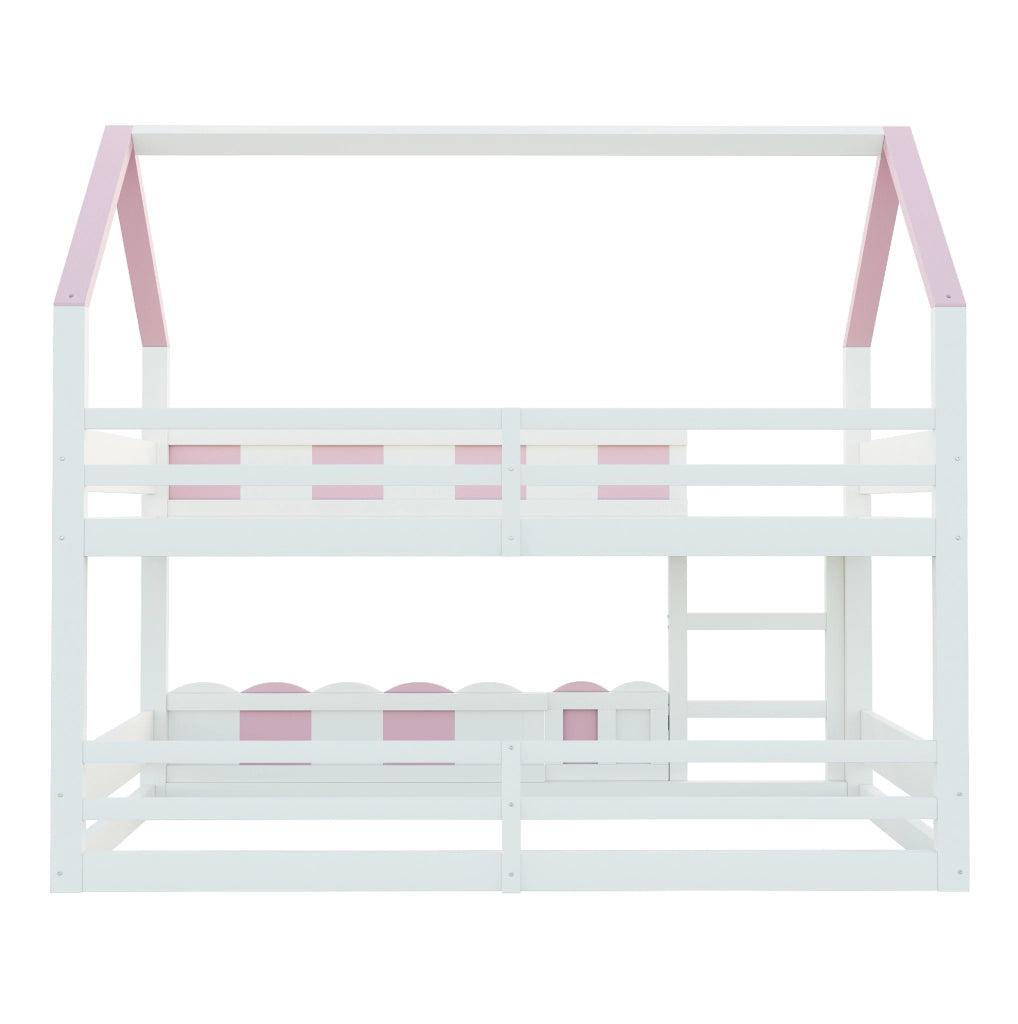 Letto a castello per bambini 90x200 cm a casetta con protezioni; rosa e bianco