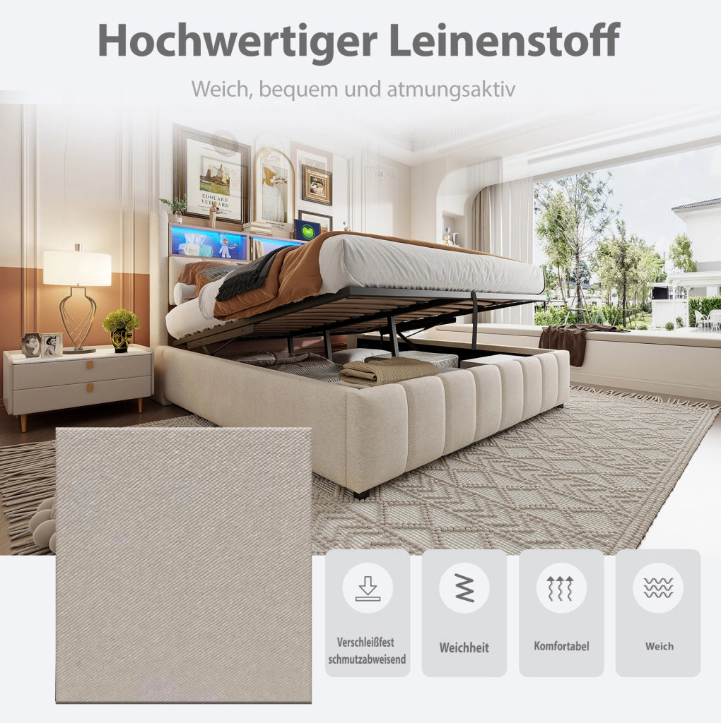 Letto matrimoniale imbottito 180x200 cm beige con LED e USB