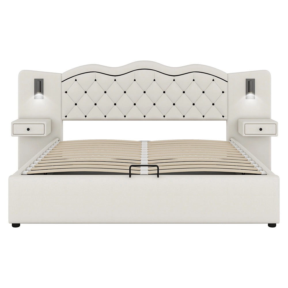 Letto a cassone - Xylo - 180x200 cm - Beige - Capitonn??, connessione USB, due lampade da comodino