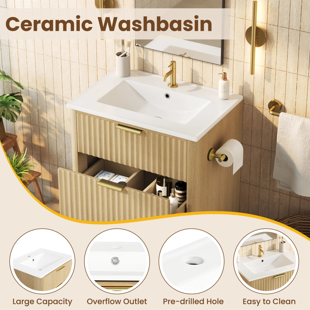 Mobile sottolavabo con lavabo in ceramica, 2 cassetti e portarotolo reversibile, per bagno, in MDF, naturale, 61 × 47 × 82 cm