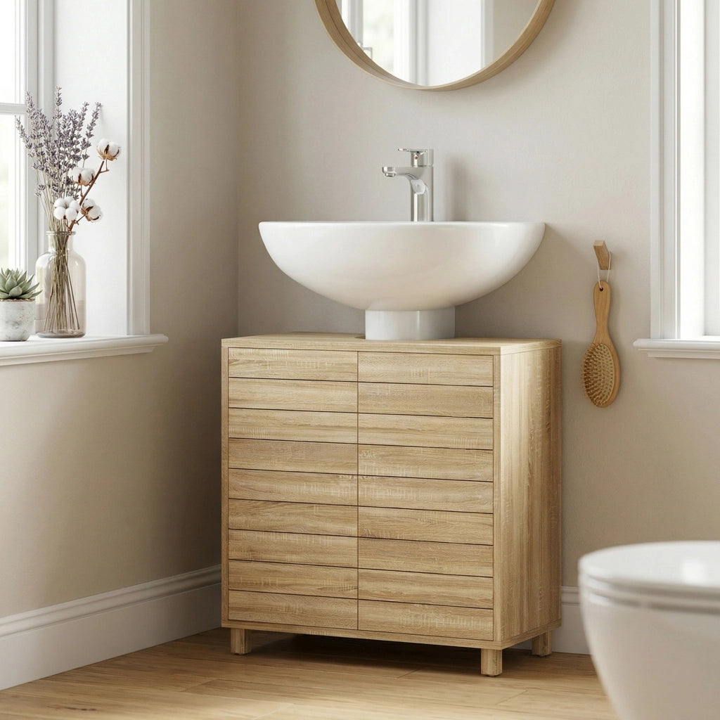 Mobile Bagno Sottolavabo con Ante a Listelli e Ripiano Regolabile ¨C Zephmum ¨C Bianco 60x30x