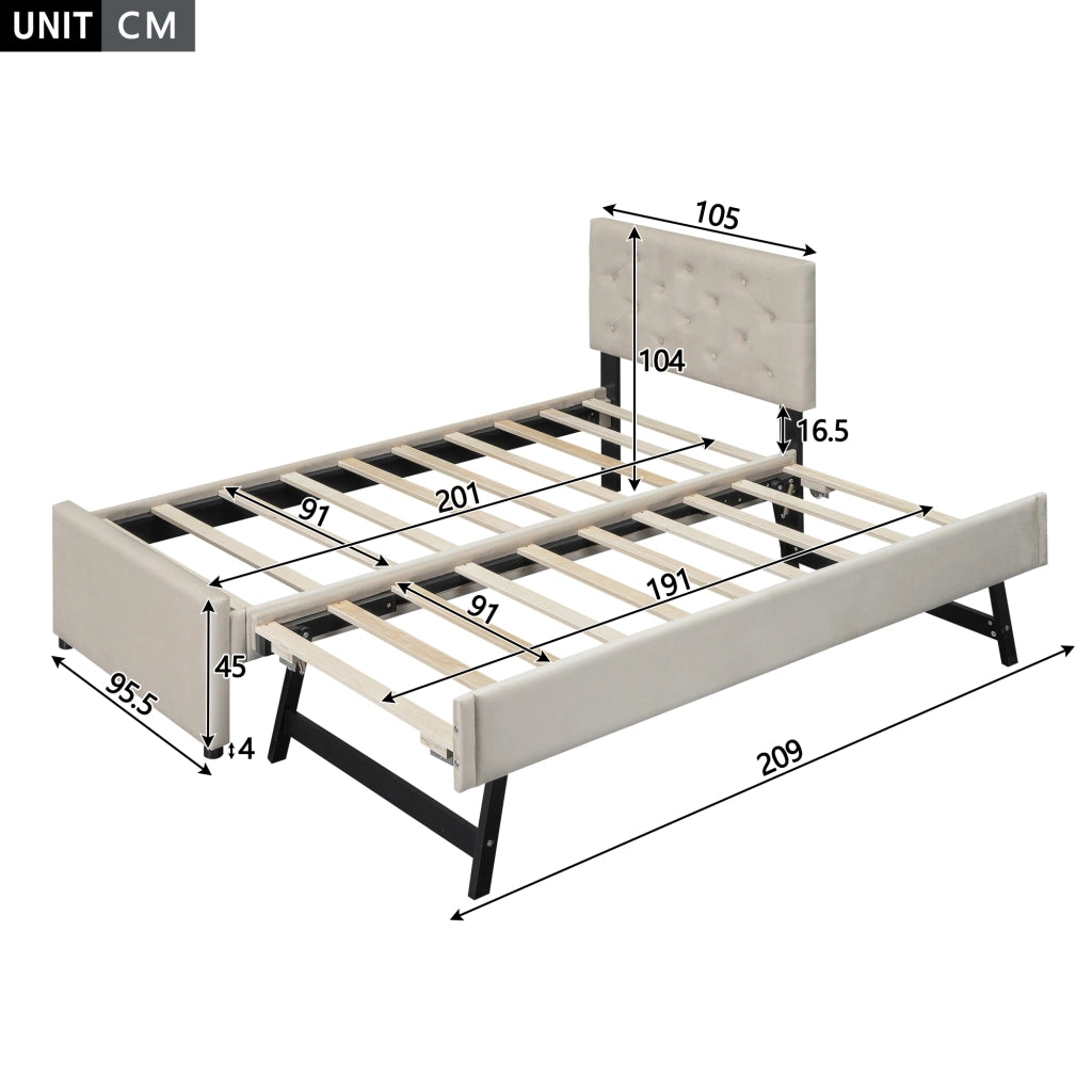 OKWISH Letto Bambino 90×200 cm, Letto Singolo con Letto Estraibile, Testiera Imbottita con Bottoni e Rivestimento Morbido, senza Materasso, Beige