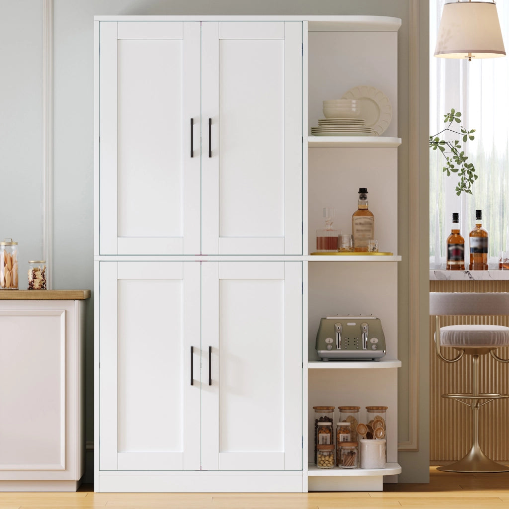 Credenza alta bianca con 4 vani aperti e ante; 103x40x163 cm in MDF