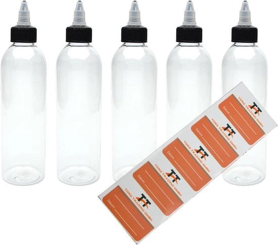 5 x bottiglie di plastica PET da 250 ml con coperchio a giravolta, incluse 5 etichette, bottiglie vuote, bottiglie con coperchio a giravolta, bottiglie per salse, bottiglie per dosaggio